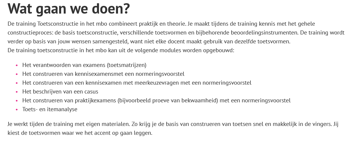 Wat gaan we doen? sectie van de training toetsconstructie in het mbo.