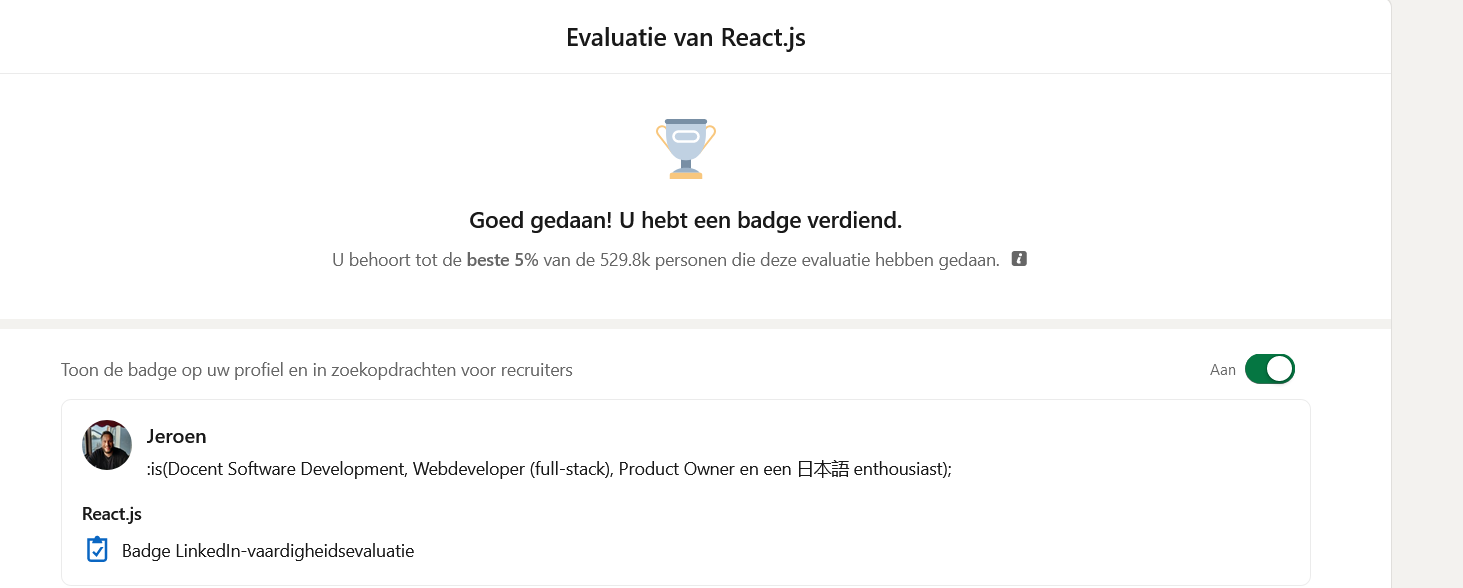 Een badge voor React.js, ik behoor tot de top 5% van de wereld!