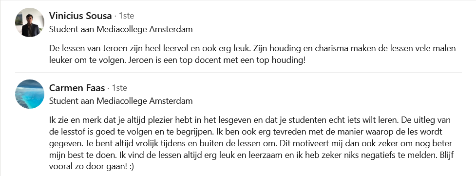 Testimonials van twee studenten op LinkedIn