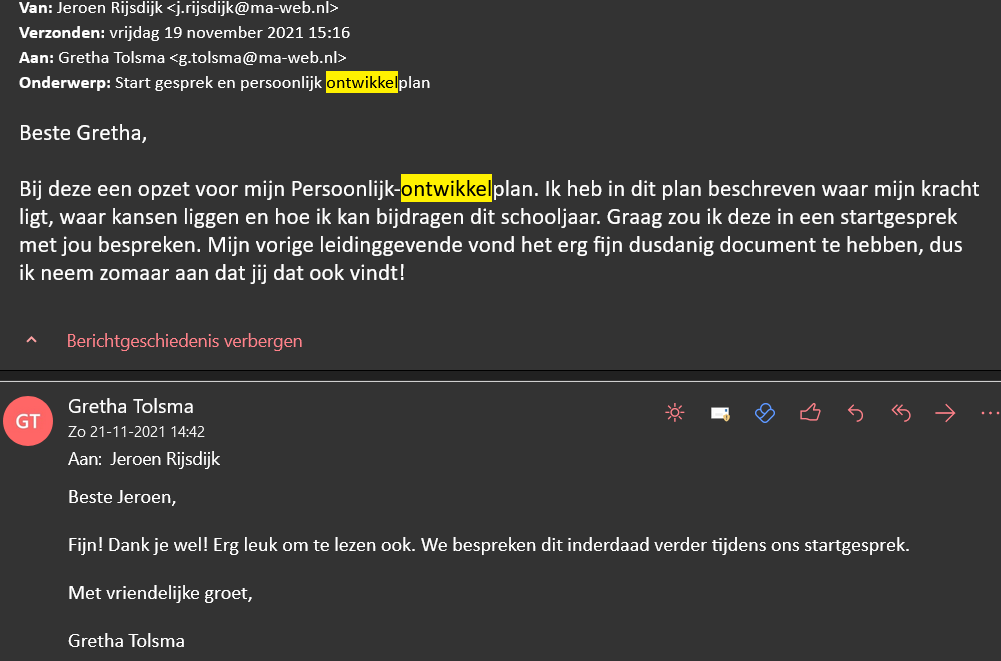 Een mail van mijn leidinggevende met betrekking tot het POP.