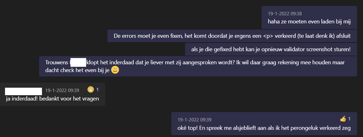 Een gesprek met een student waar ik vraag hoe de student aangesproken wilt worden.