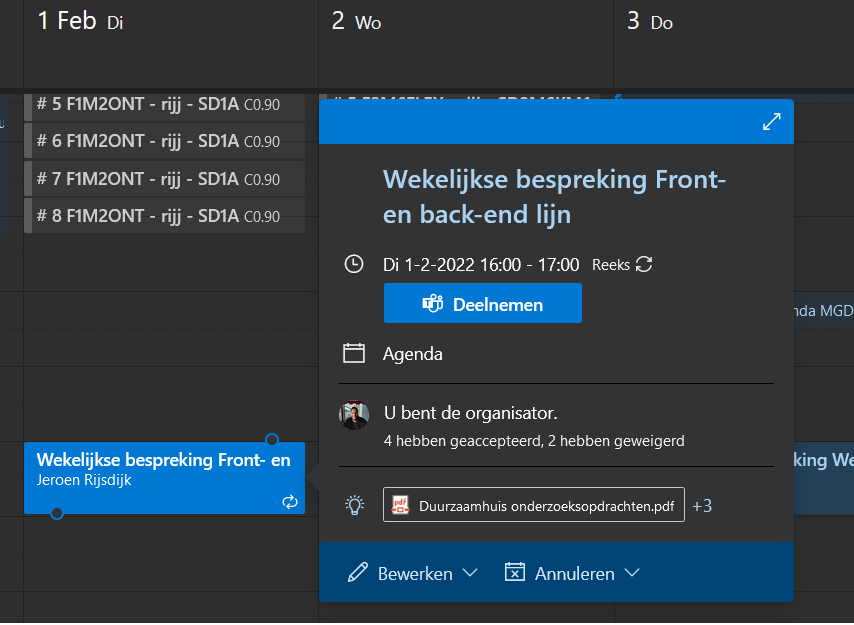 Wekelijkse afspraak waarin leerlijnen worden besproken.