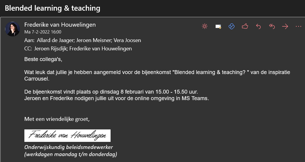 Bewijs dat ik een inspiratiesessie heb mogen organiseren voor collega's over blended learning & blended teaching