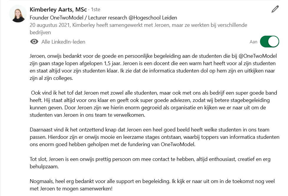 Testimonial van collega uit het werkveld.