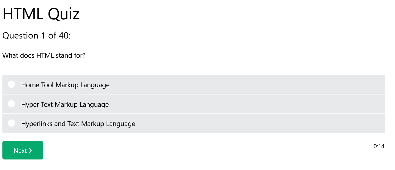 Een quiz over de basis van HTML, de vragen toetsen vaak op kennis-niveau.